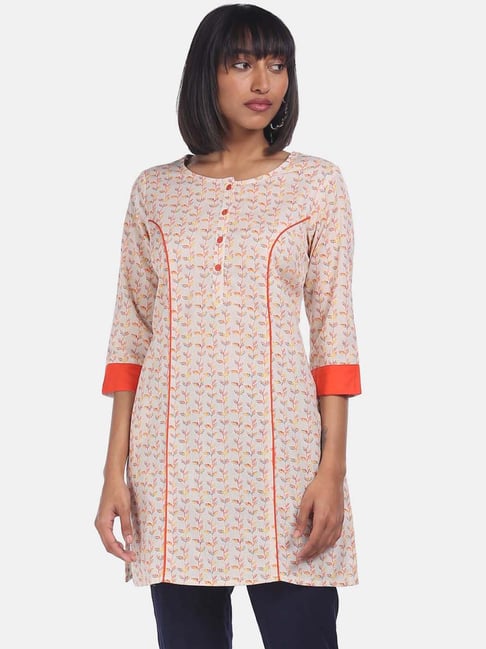 Karigari Off-White Cotton Printed Straight Kurti