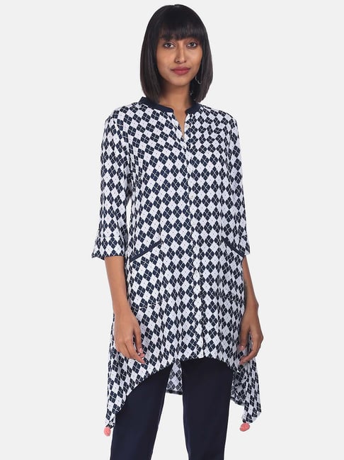 Karigari White & Blue Printed A Line Kurta