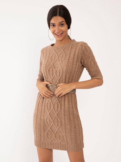 Zink London Beige Straight Fit Sweater Dress Price in India