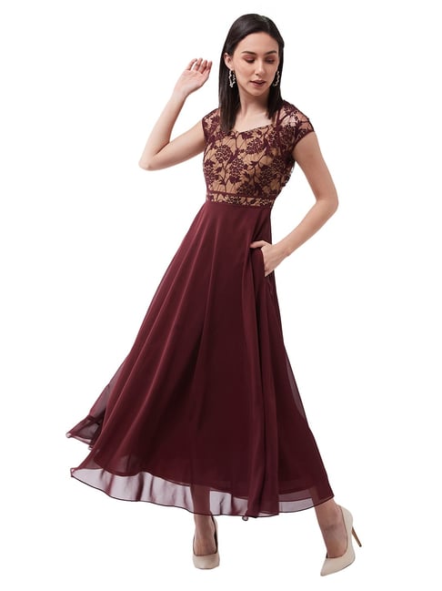 Miss Chase Maroon Printed Maxi Dress Price in India