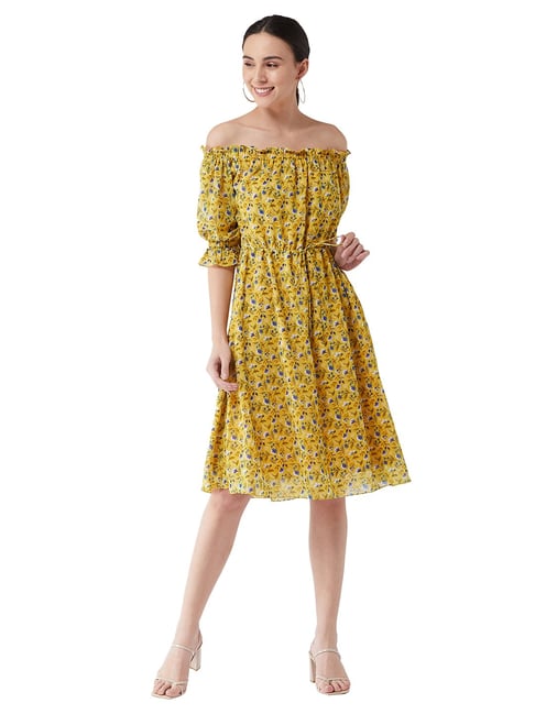 Miss Chase Mustard Printed A-Line Dress Price in India