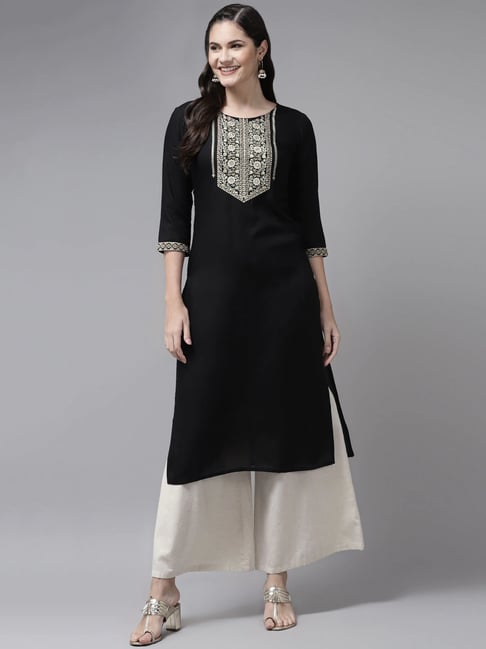 Yufta Black Embroidered Kurta Price in India