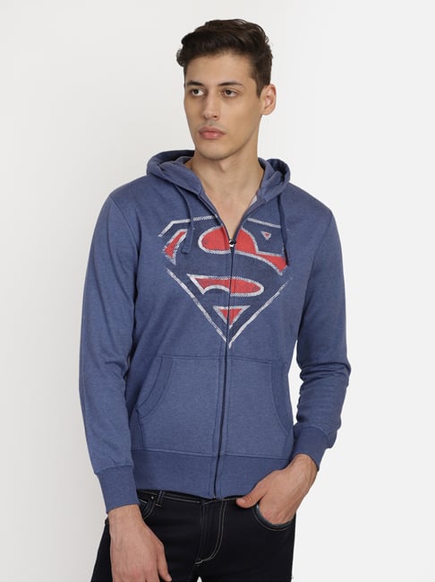 Buy Free Authority Blue Cotton Superman Hoodie for Men Online