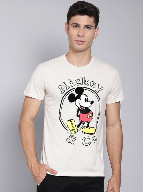 Free Authority Beige Regular Fit Mickey & Friends T-Shirt