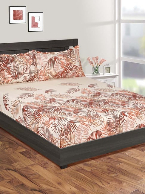 Swayam Orange & Beige Cotton 144 TC, 1 Double Fitted Bedsheet With 2 Pillow Cover-picture-46