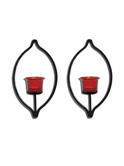 Hosley Metal Tea Light Candles Holder With Red Glasses and Tealights Set of - 2