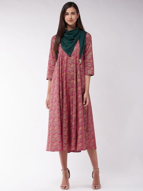 Inweave Pink Cotton Printed A-Line Dress With Stole Price in India