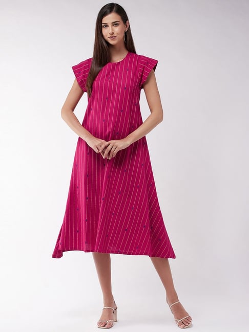 Inweave Pink Cotton Printed A-Line Dress Price in India