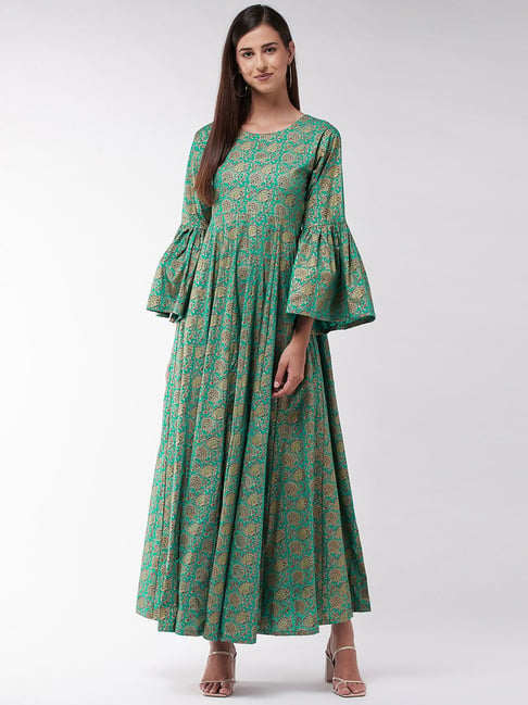 Inweave Green Cotton Printed Maxi Dress Price in India