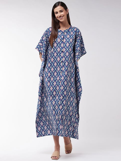 Inweave Blue Cotton Printed A-Line Kaftan Price in India