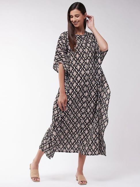 Inweave Black Cotton Printed A-Line Kaftan Price in India