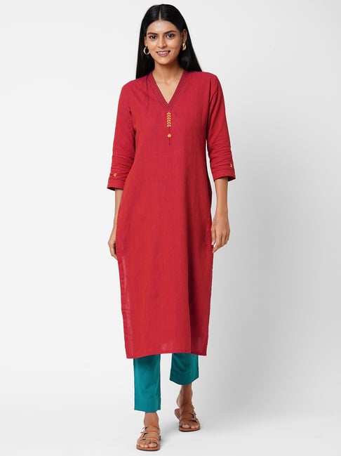 Kami Kubi Red & Blue Cotton Kurta Pant Set Price in India