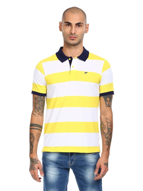 Ruggers Yellow & White Cotton Regular Fit Striped Polo T-Shirt