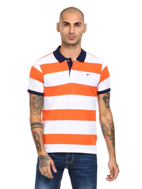 Ruggers Orange & White Cotton Regular Fit Striped Polo T-Shirt