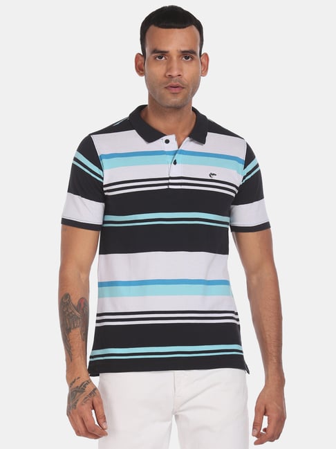 Ruggers Black & White Cotton Regular Fit Striped Polo T-Shirt