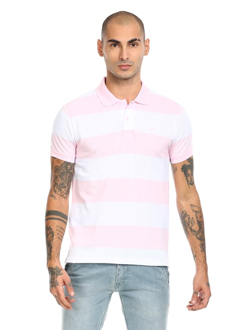 Ruggers Pink & White Cotton Regular Fit Striped Polo T-Shirt