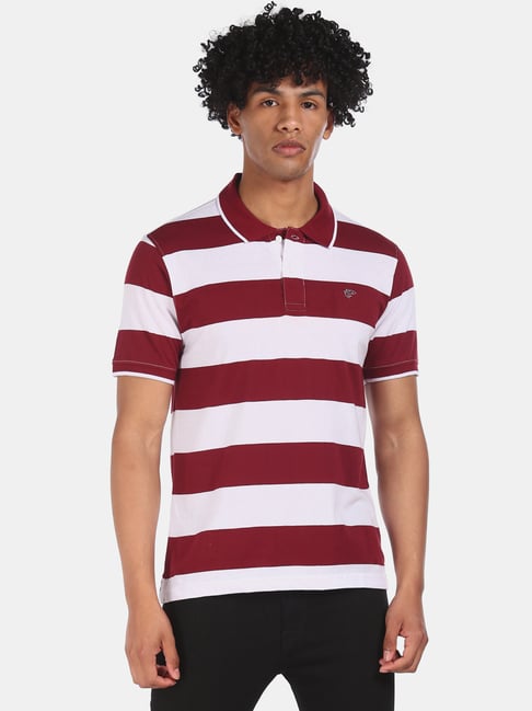 Buy Ruggers Maroon White Cotton Regular Fit Striped Polo T Shirt