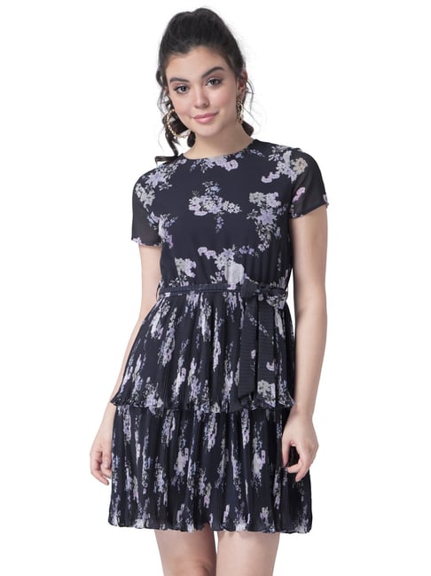 Buy Navy Floral Tiered Pleated Dress with Tan Belt for Women Online @ Tata  CLiQ