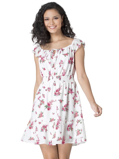 White Red Floral Smocked Waist Dress Price in India