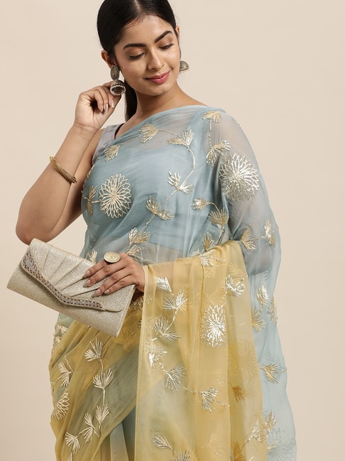 Geroo Jaipur Grey Handcrafted Shaded Chiffon Saree with Blouse Price in India