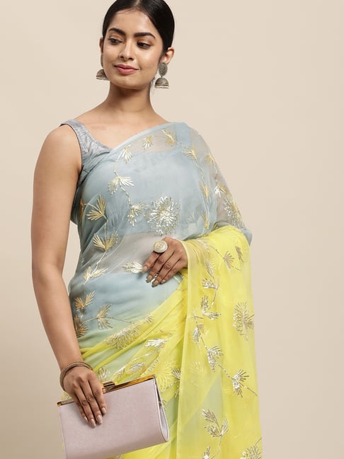 Geroo Jaipur Grey Handcrafted Shaded Chiffon Saree with Blouse Price in India