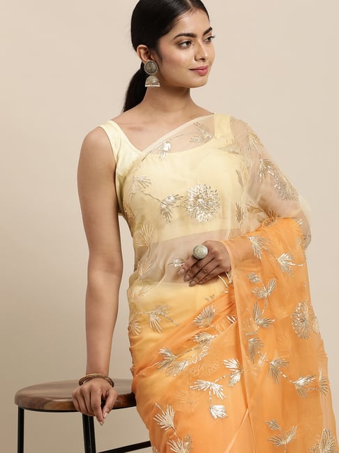 Geroo Jaipur Peach Handcrafted Shaded Chiffon Saree with Blouse Price in India