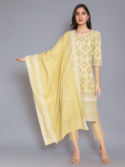 W Yellow and Ecru Printed Dupatta