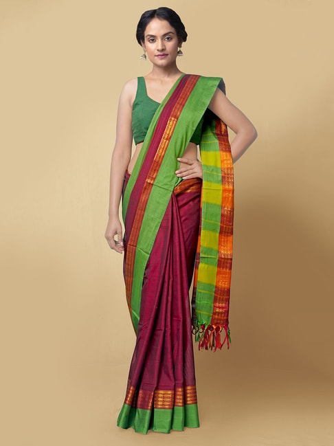 Unnati Silks Maroon Woven Saree With Blouse Price in India