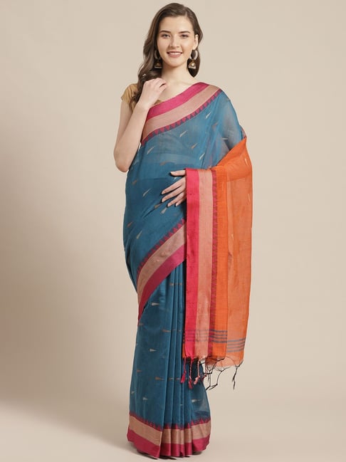 Buy LAA CALCUTTA White and Sky Blue Pure Cotton Tant Saree online