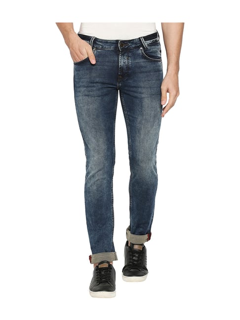 Mufti Dark Blue Slim Fit Solid Jeans