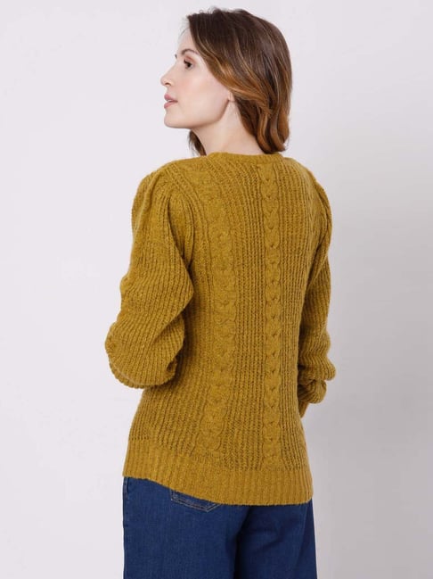 Mustard yellow cotton sweater with cable knit