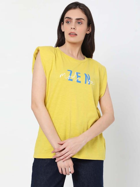 Vero Moda Yellow Cotton Printed T-Shirt