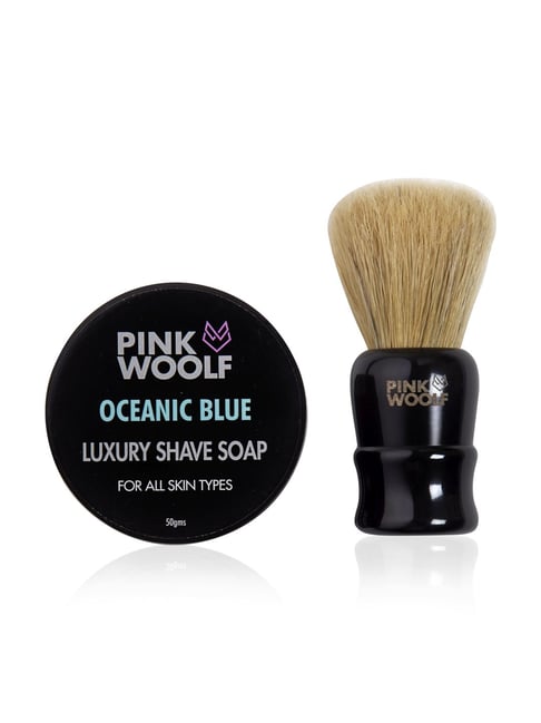 Pink Woolf Boar Hair Shaving Brush & Natural Shaving Soap Combo Oceanic Blue