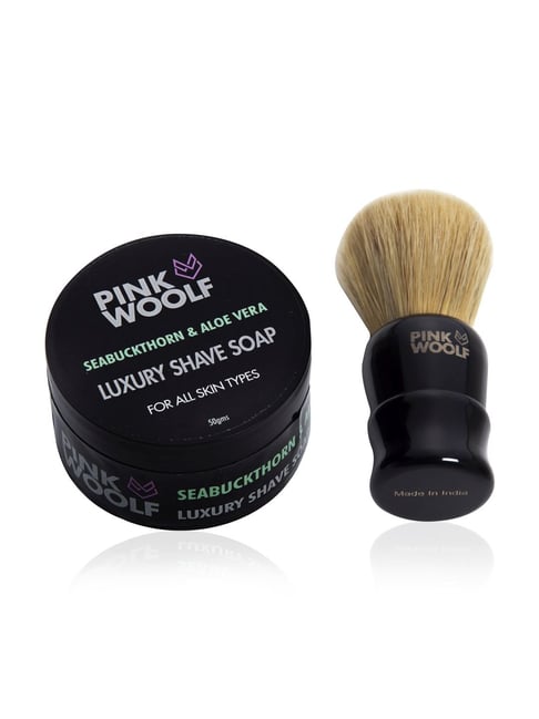 Pink Woolf Boar Hair Shaving Brush & Natural Shaving Soap Combo Seabuckthorn & Aloe Vera