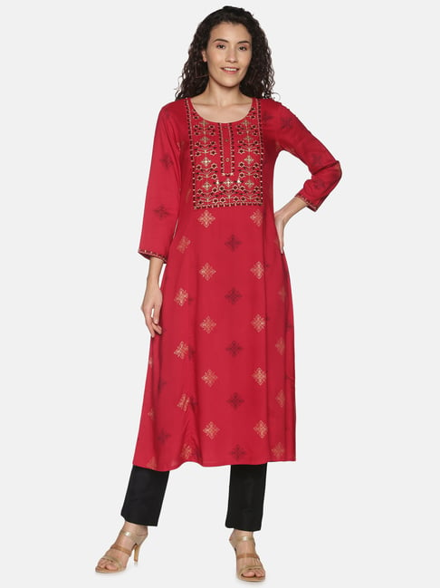Saffron Threads Red Embroidered A Line Kurta Price in India