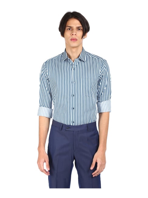 Arrow Blue & White Cotton Slim Fit Striped Shirt