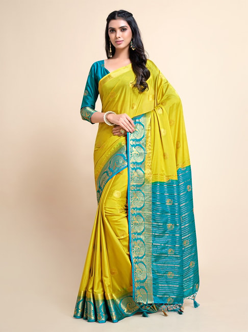 Mimosa Mysore Silk Yellow Floral Saree with Blouse Price in India