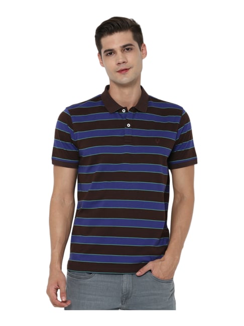 Allen Solly Brown & Blue Cotton Regular Fit Striped Polo T-Shirt