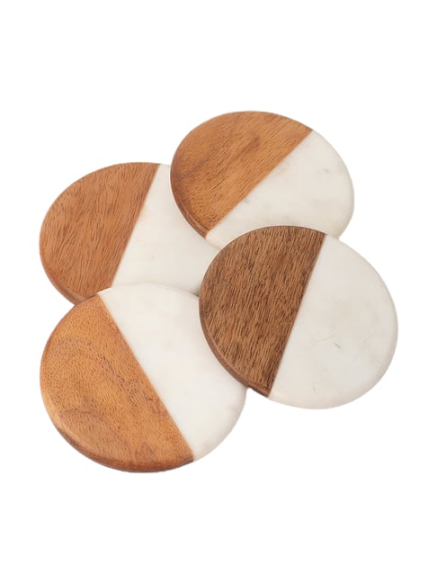 Fabindia Home Fabindia Aadav Brown & Ivory Mango Wood Coasters - Set of 4