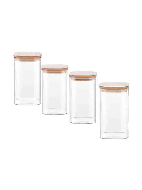 Borosilicate Glass Bamboo Lid Air Tight Jar - 700 ML, Set of 4