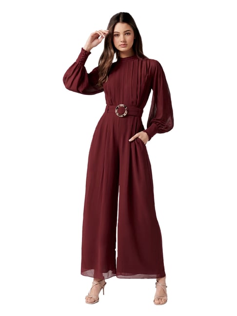 Buy FOREVER NEW Burgundy Solid Full Sleeves Polyester Women Jumpsuits