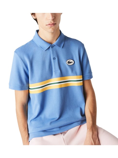 Lacoste Blue Heritage Badge Cotton Pique Striped Regular Fit Polo T-Shirt