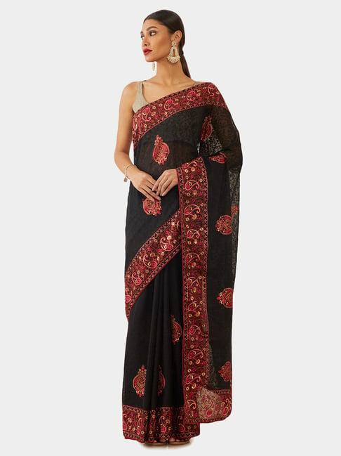 Soch Black Embroidered Saree With Blouse Price in India