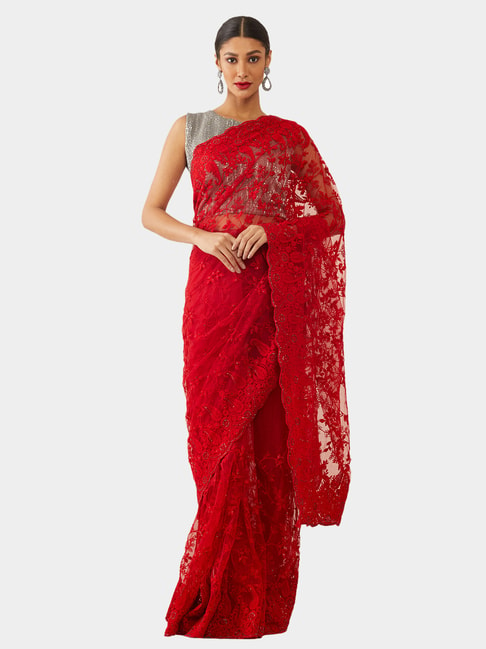 Soch Red Embroidered Saree With Blouse Price in India