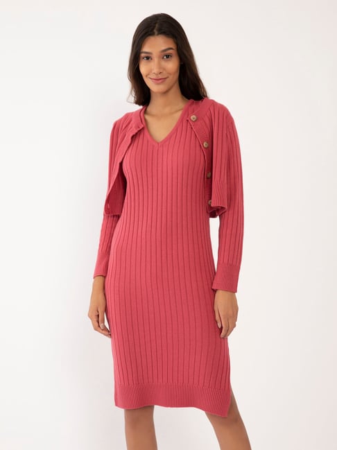 Zink London Pink Self Design Dress With Jacket Price in India