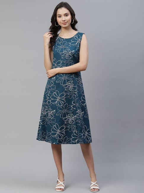 Ayaany Blue Printed Cotton Dress