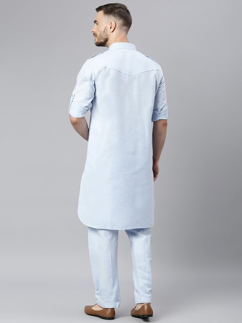 Buy Hangup Blue Solid Full Sleeves Pathani Kurta Set for Men Online