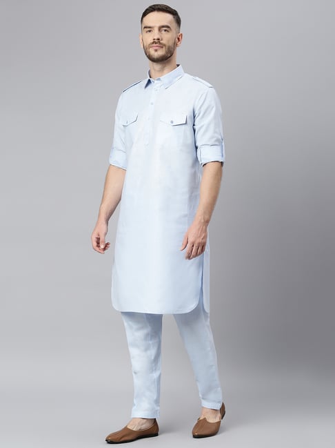 Buy Hangup Blue Solid Full Sleeves Pathani Kurta Set for Men Online