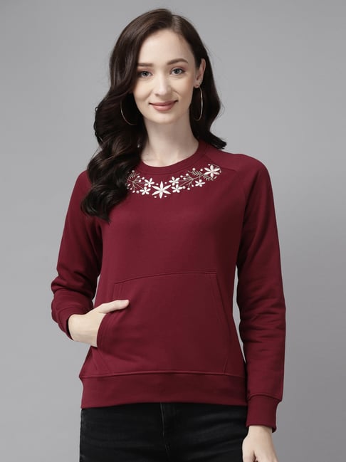 Cayman Maroon Cotton Embroidered Sweatshirt