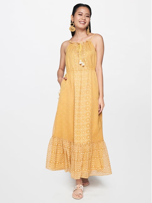 Global Desi Mustard Printed Maxi Dress Price in India